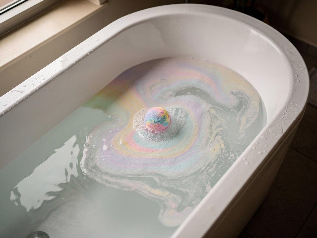A bath bomb fizzing and dissolving in a tub of water, color spreading outward