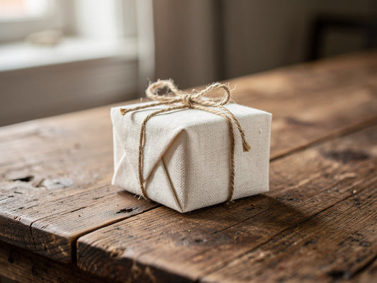A gift box wrapped in plain linen fabric and tied shut with twine instead of wrapping paper