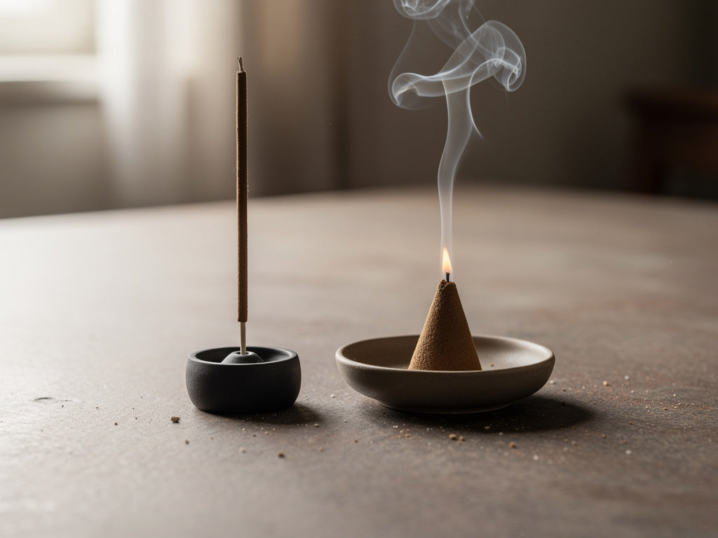 A lit incense stick beside a lit incense cone, both releasing thin curls of smoke on a neutral tabletop.