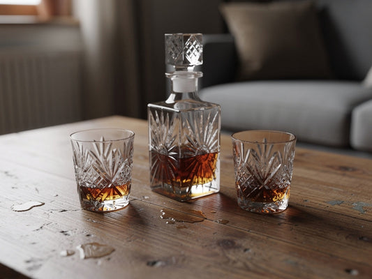 A cut crystal decanter and two matching glasses on a table