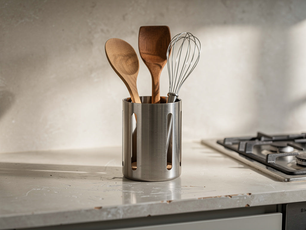 A tidy kitchen counter utensil holder with wooden spoons and a whisk standing next to the stove