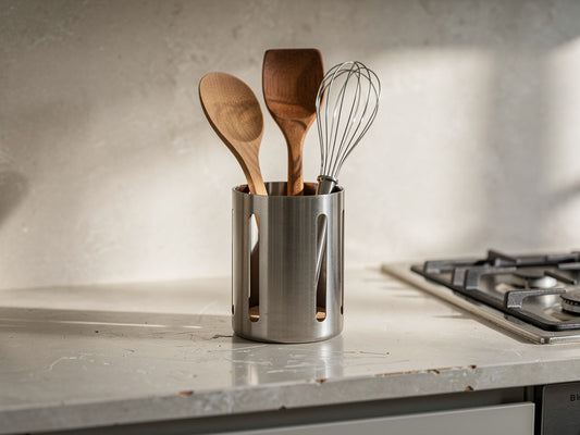 A tidy kitchen counter utensil holder with wooden spoons and a whisk standing next to the stove