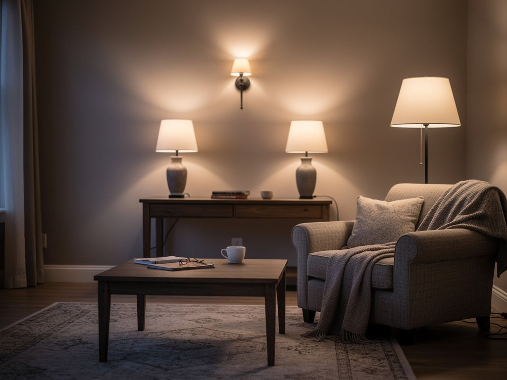 Living room lit warmly by floor and table lamps with no ceiling fixture visible