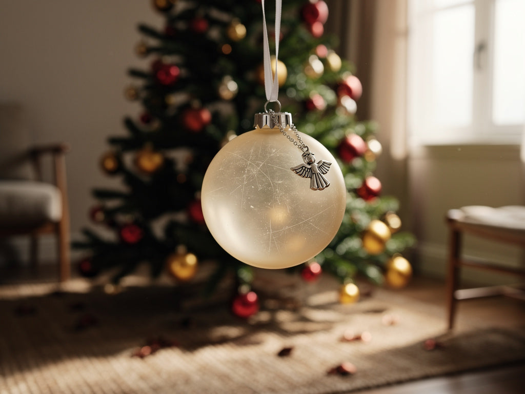 A Christmas tree with a memorial angel ornament hanging among red and gold baubles