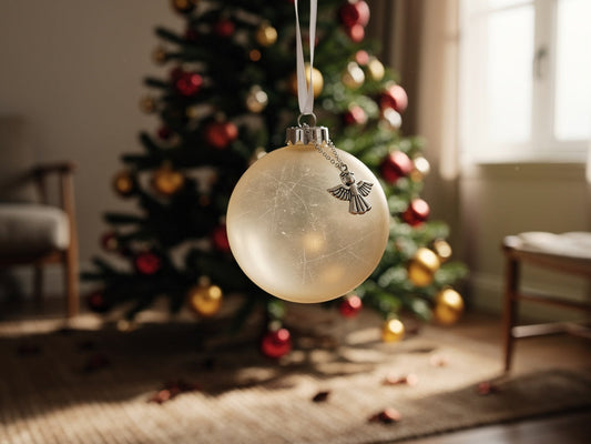 A Christmas tree with a memorial angel ornament hanging among red and gold baubles
