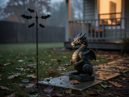 A weatherproof resin dragon statue and a metal bat wind spinner standing on pavers in a rainy yard