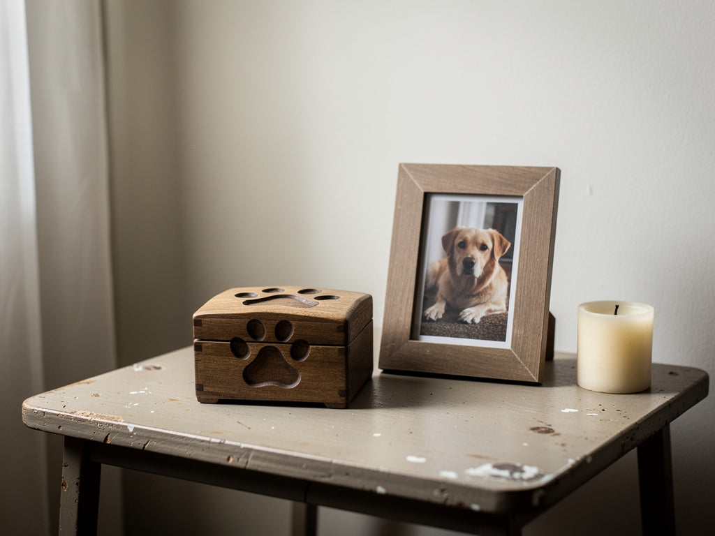 A memorial keepsake box and framed dog photo on a side table