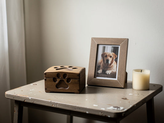 A memorial keepsake box and framed dog photo on a side table