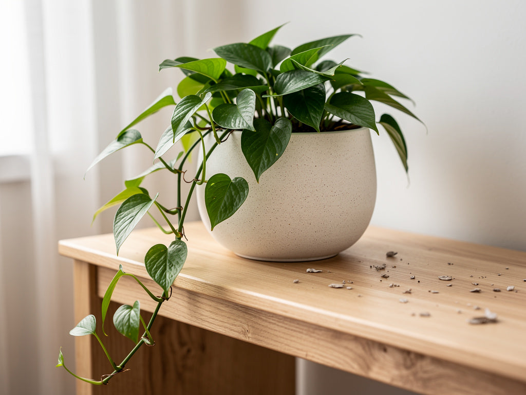 A glazed ceramic planter with no drainage hole holding a healthy pothos plant on a wood console table