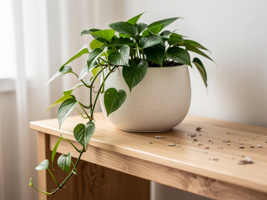 A glazed ceramic planter with no drainage hole holding a healthy pothos plant on a wood console table