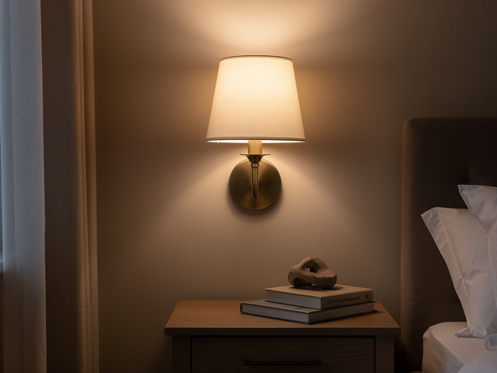 A plug-in style wall sconce with a warm fabric shade mounted on a bedroom wall beside a nightstand