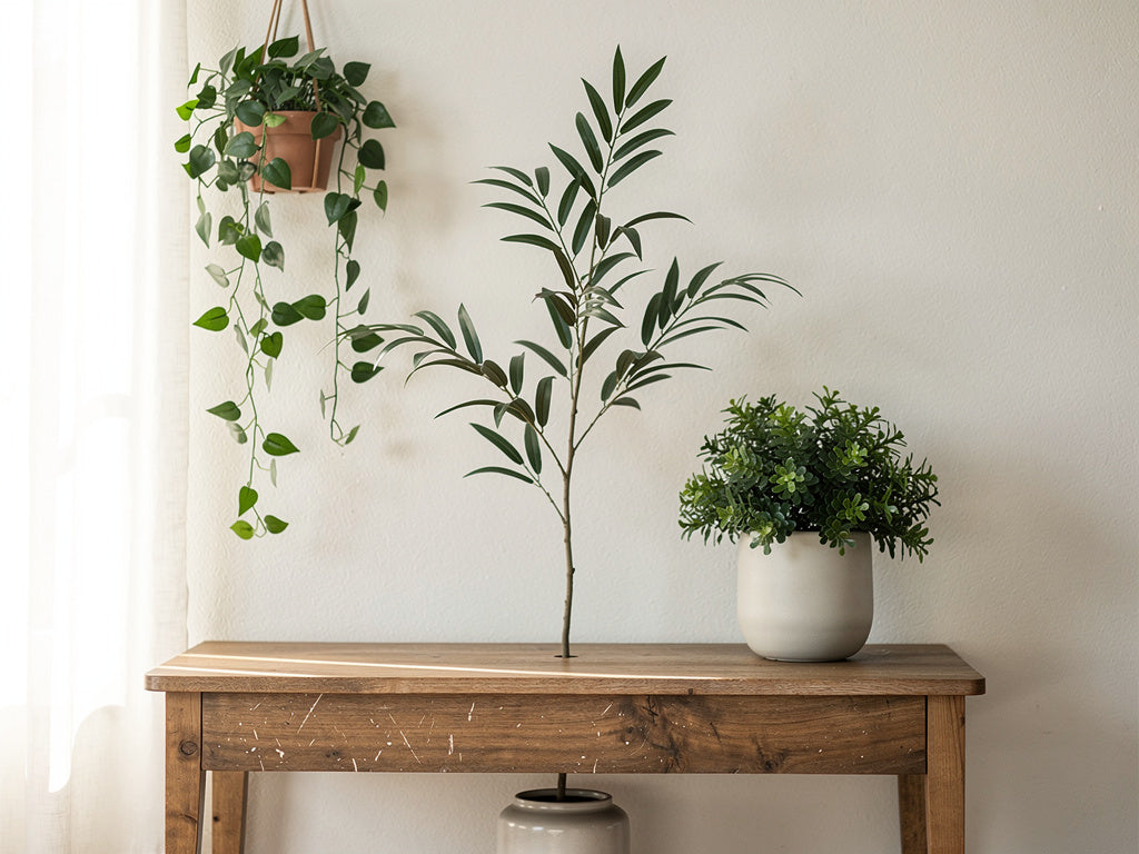 A console table styled with three different realistic faux plants: a trailing vine, a tall branch in a vase, and a potted plant.