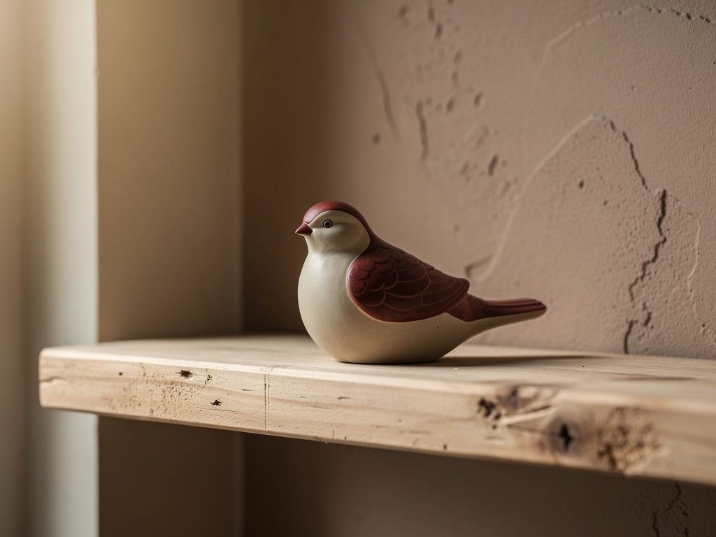 A single memorial keepsake figurine sitting alone on a wood shelf