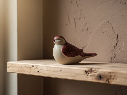 A single memorial keepsake figurine sitting alone on a wood shelf