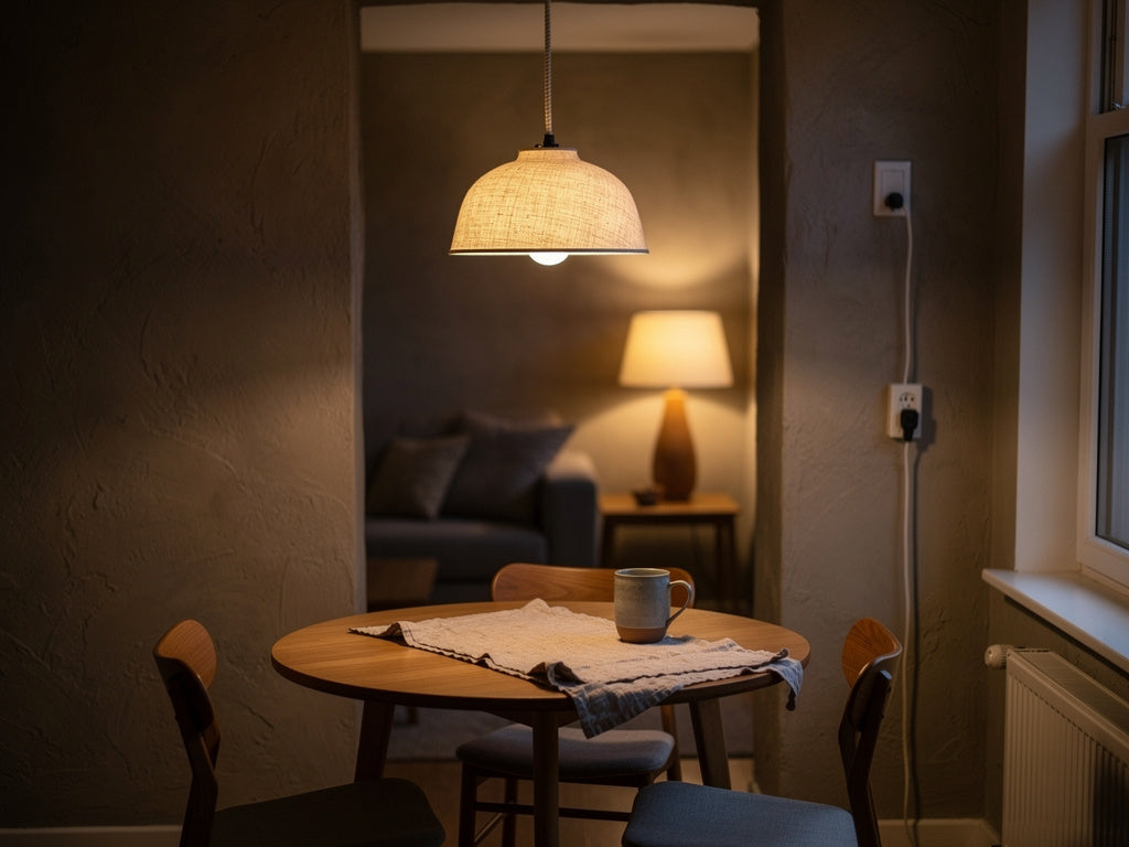 A plug-in pendant light glowing above a rental dining table, its cord clipped neatly along the ceiling to an outlet.