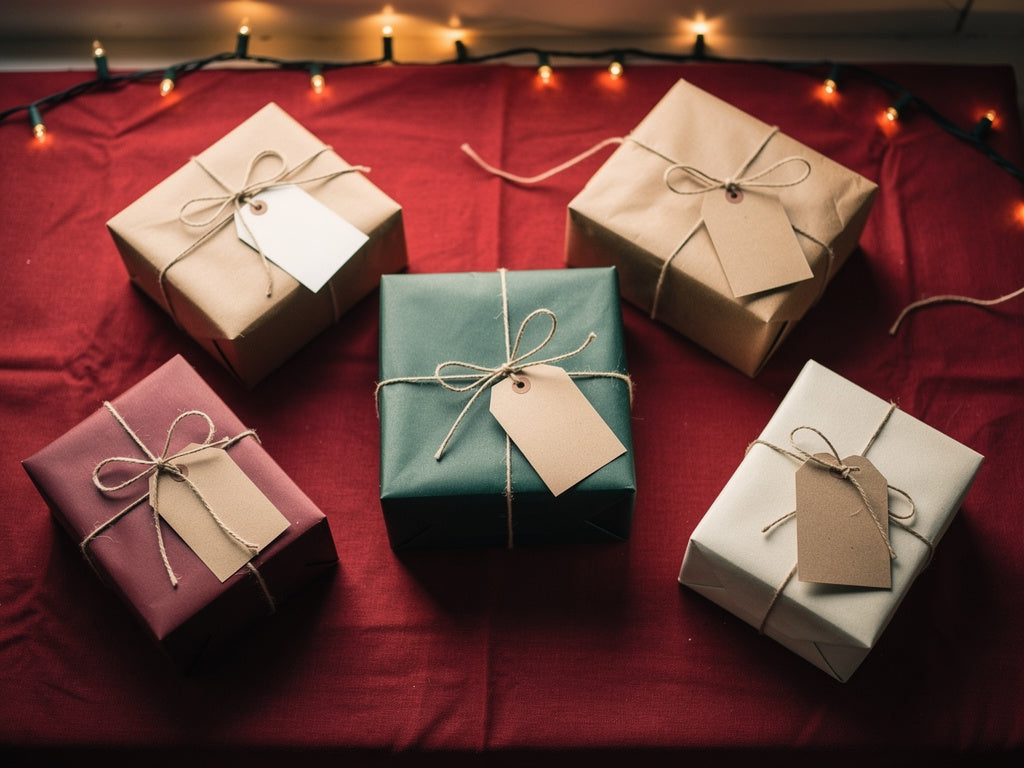 An overhead view of wrapped Secret Santa gifts with blank tags on a table