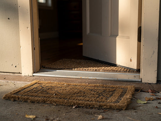 A doormat on an outdoor step with a second mat visible just inside the open front door.