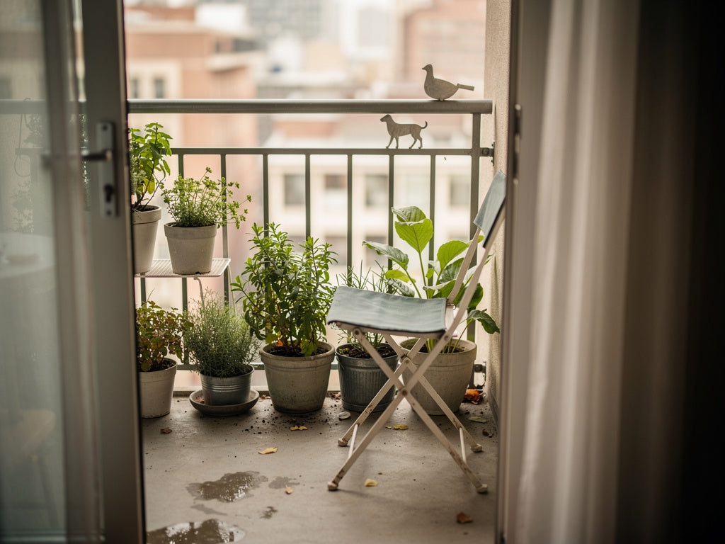 Small apartment balcony decorated with weatherproof furniture, potted plants, and a metal ornament on the railing