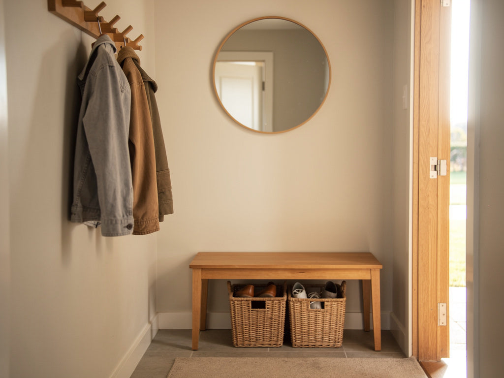 A small hallway entryway with wall hooks, a slim bench, and a mirror, no closet in sight