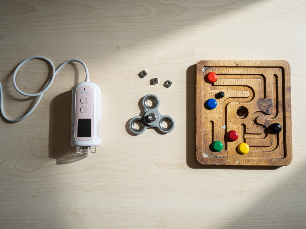 A handheld digital microscope, a magnetic spinner toy, and a wooden magnetic maze board arranged on a wood table