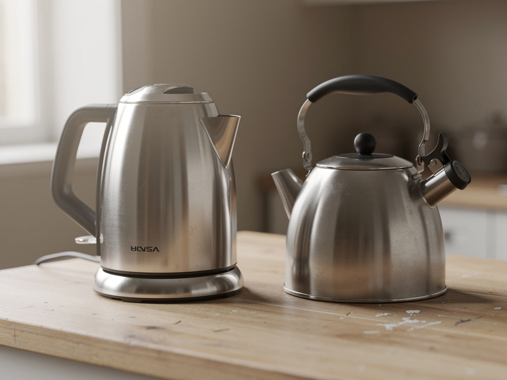 A stovetop kettle and an electric kettle side by side on a kitchen counter