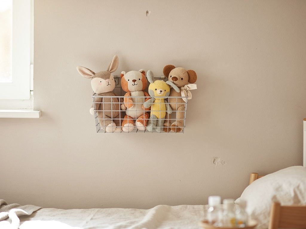 Wire wall basket holding stuffed animals in a bedroom corner