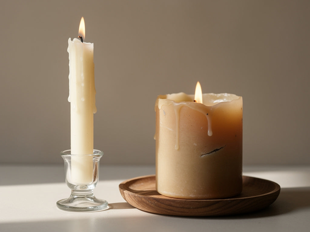 A lit taper candle in a glass holder next to a lit pillar candle on a wood plate