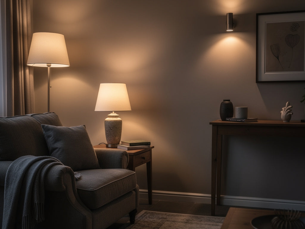 A living room lit by a floor lamp, a table lamp, and a wall sconce together, showing three layers of lighting in one room