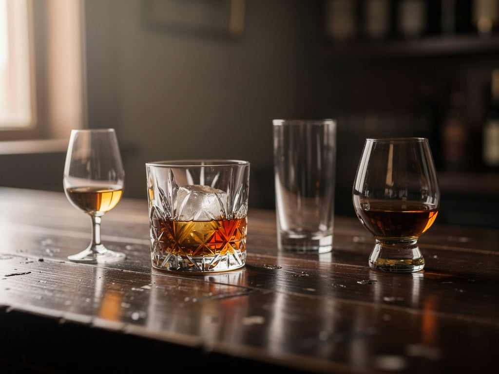 Four different types of whiskey glasses lined up on a bar counter: a tasting glass, a rocks glass, a highball, and a snifter