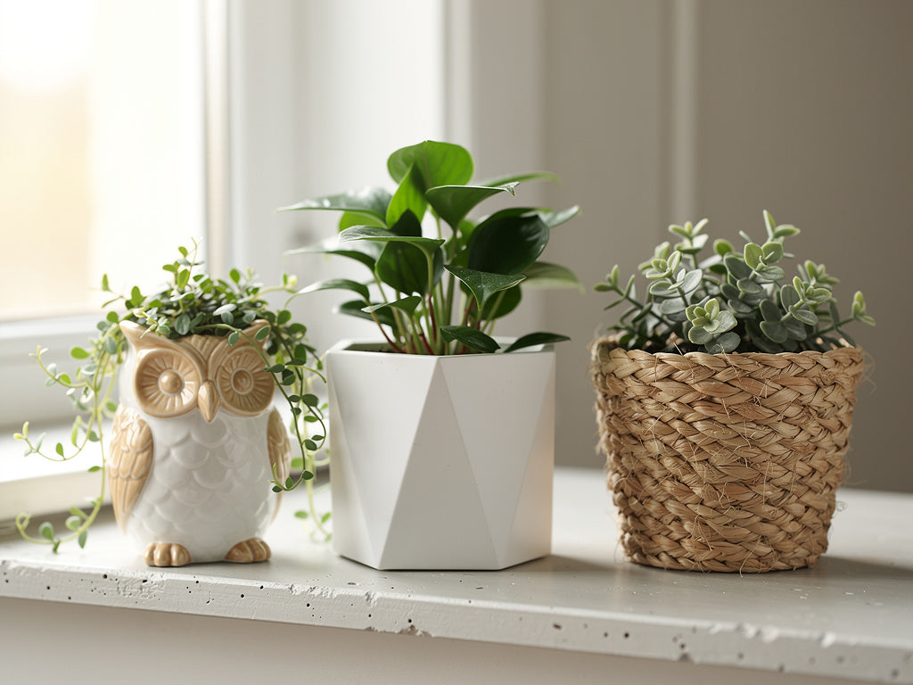 Three different unique plant pots, a ceramic owl, a geometric planter, and a woven basket, lined up on a windowsill