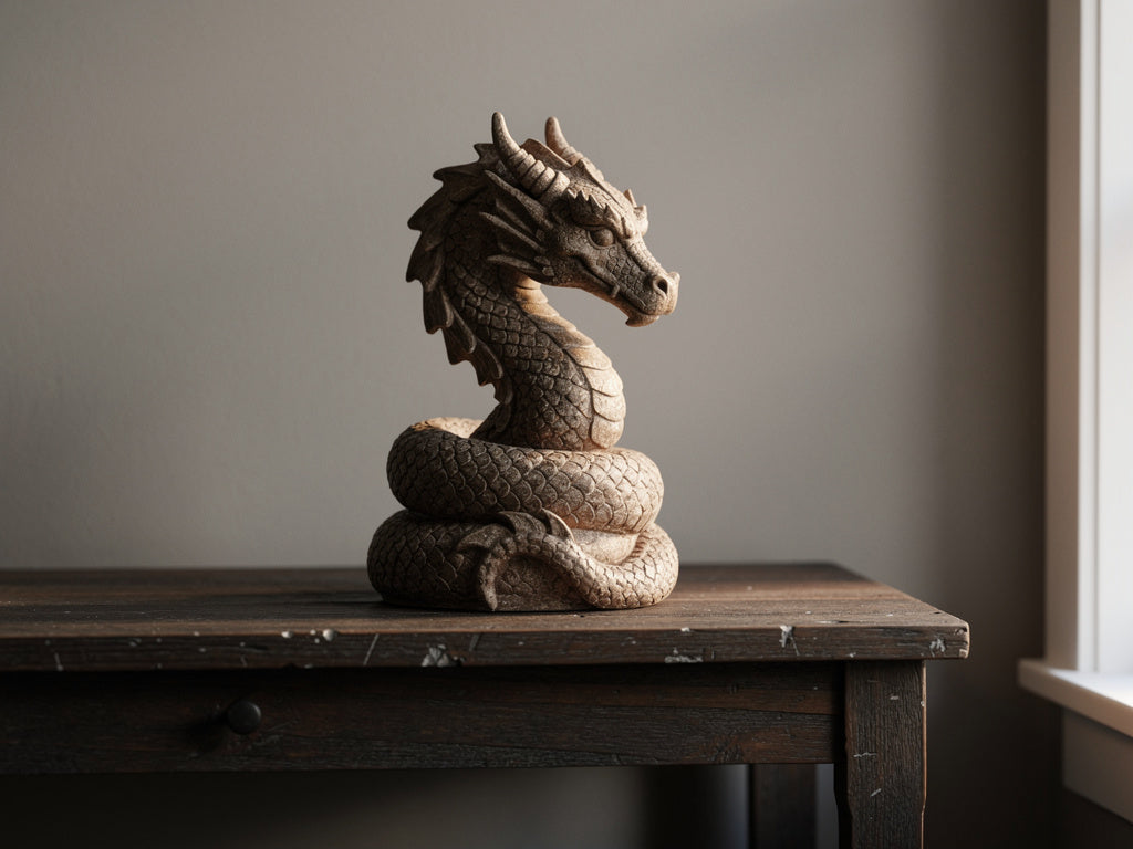 A dragon-shaped table lamp switched off, standing on a console table as a sculptural object