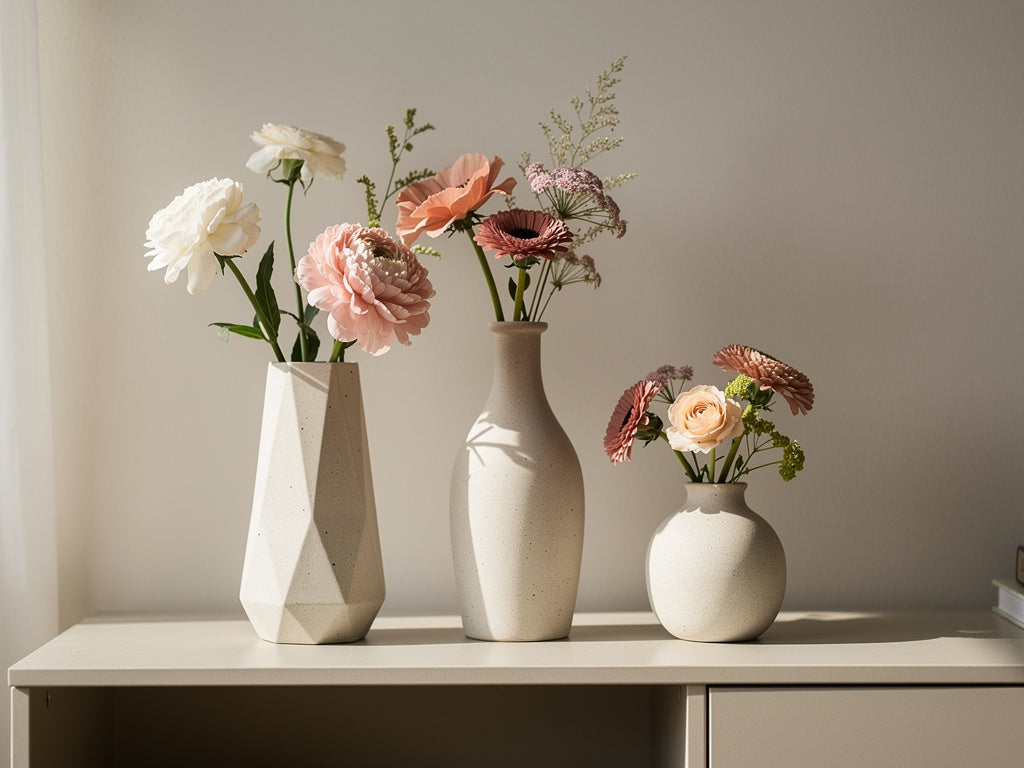 Three differently shaped ceramic vases, each holding fresh cut flowers