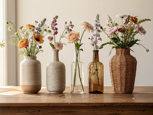 Row of uniquely shaped vases, each holding a small fresh flower arrangement