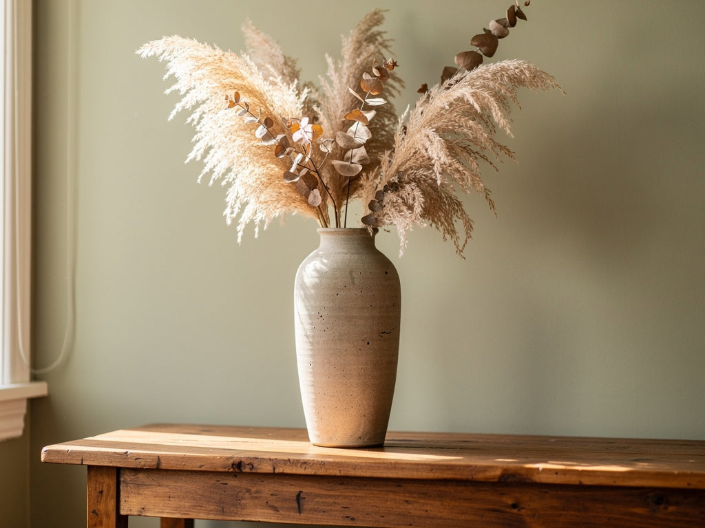Tall ceramic vase holding a dried pampas grass and eucalyptus arrangement