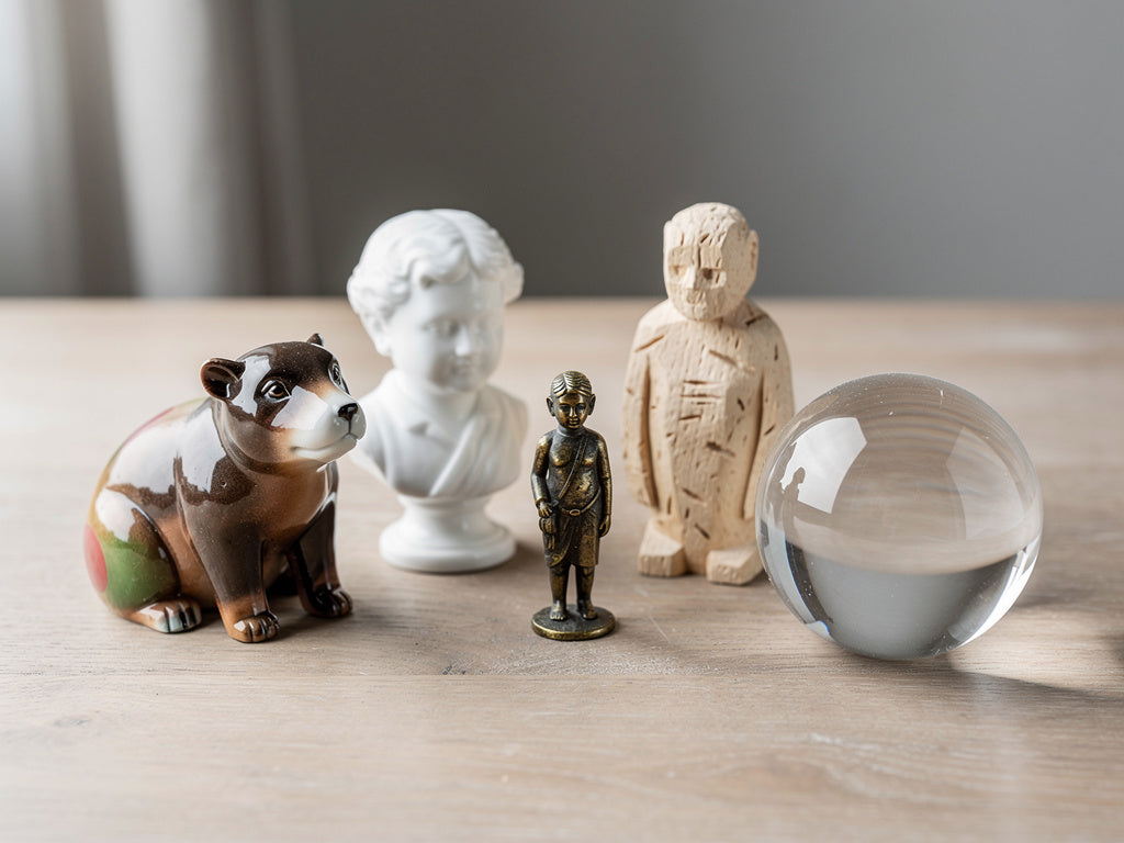 Five decorative figurines in resin, porcelain, metal, wood, and glass grouped together.