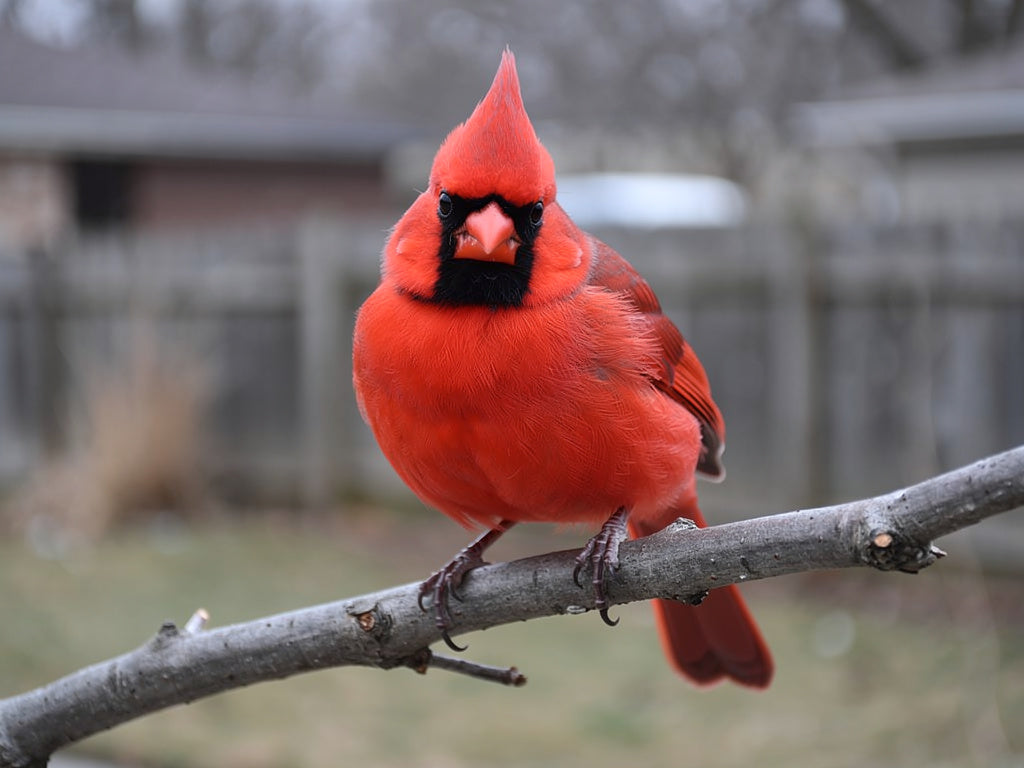 A bright red male cardinal perched on a bare branch in a winter backyard.