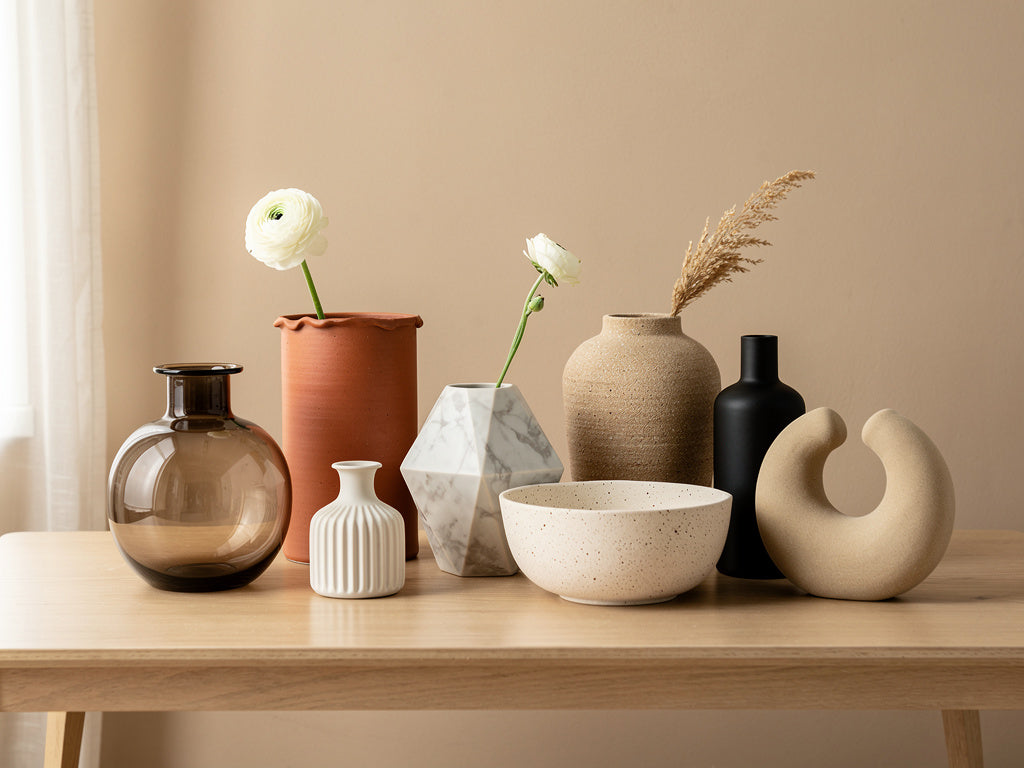 A grouping of trending vase shapes and materials, including bubble glass, matte ceramic, and textured stoneware, displayed together on a console table.