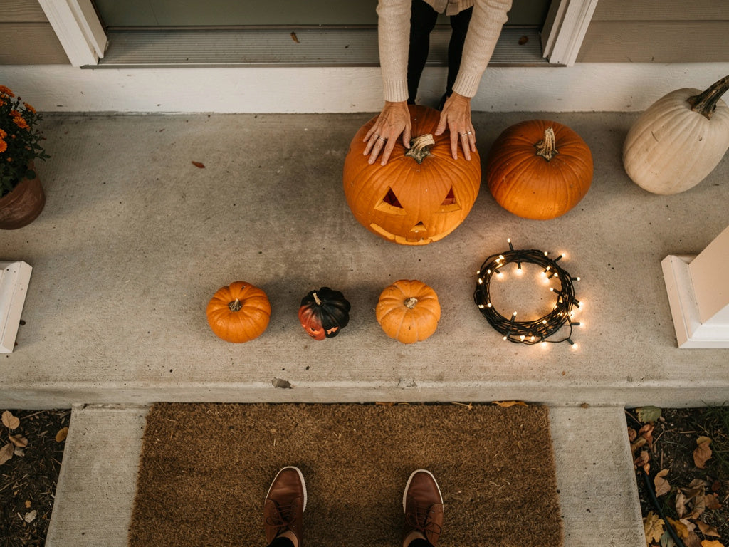 A person setting a carved pumpkin among Halloween decorations on a porch step in autumn light