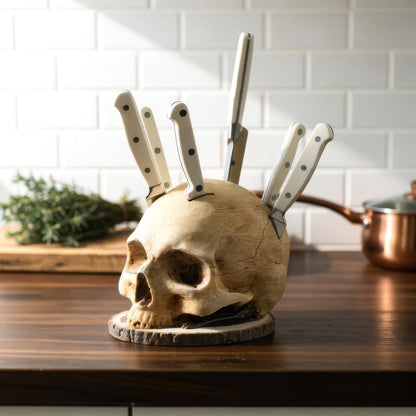 Skull Knife Block for Seven Knives, Hand Painted