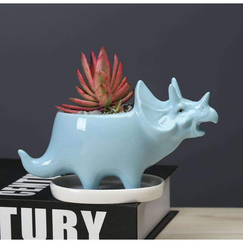 Triceratops Ceramic Succulent Planter with Drainage Tray, view 7