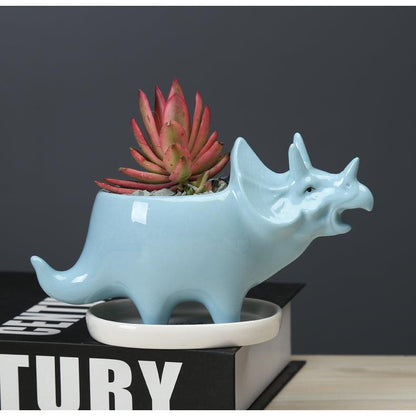 Triceratops Ceramic Succulent Planter with Drainage Tray, view 7