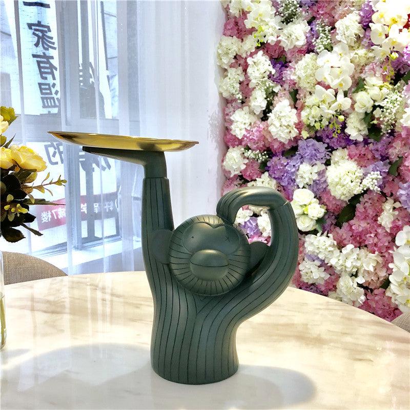 Standing Monkey Resin Tray with Round Dish, Pink or Teal, view 4