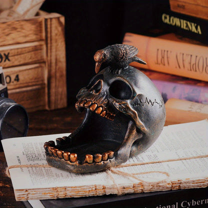 Skull Tray with Perched Raven, Aged Finish, view 2