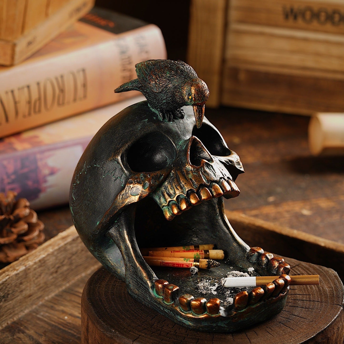 Skull Tray with Perched Raven, Aged Finish
