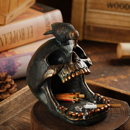 Skull Tray with Perched Raven, Aged Finish