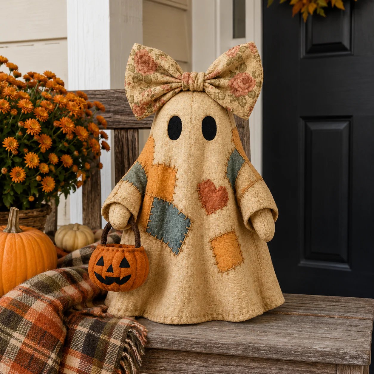 Halloween Patchwork Ghost Lamp with Pumpkin Lantern, view 8