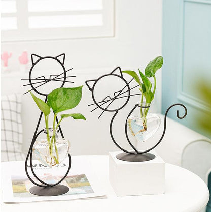 Iron Cat Stand with Heart Glass Propagation Vase