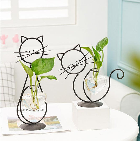 Iron Cat Stand with Heart Glass Propagation Vase