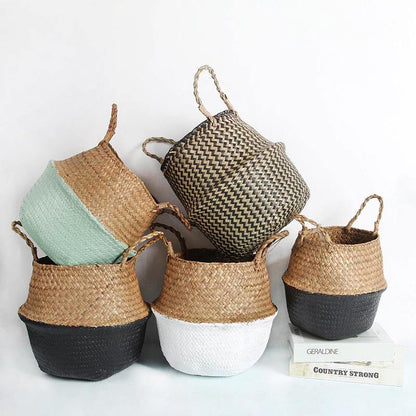 Round Rattan Basket with Handles for Plants or Storage, view 9