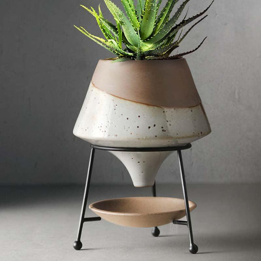 Glazed Terracotta Teardrop Planter with Metal Stand, view 2